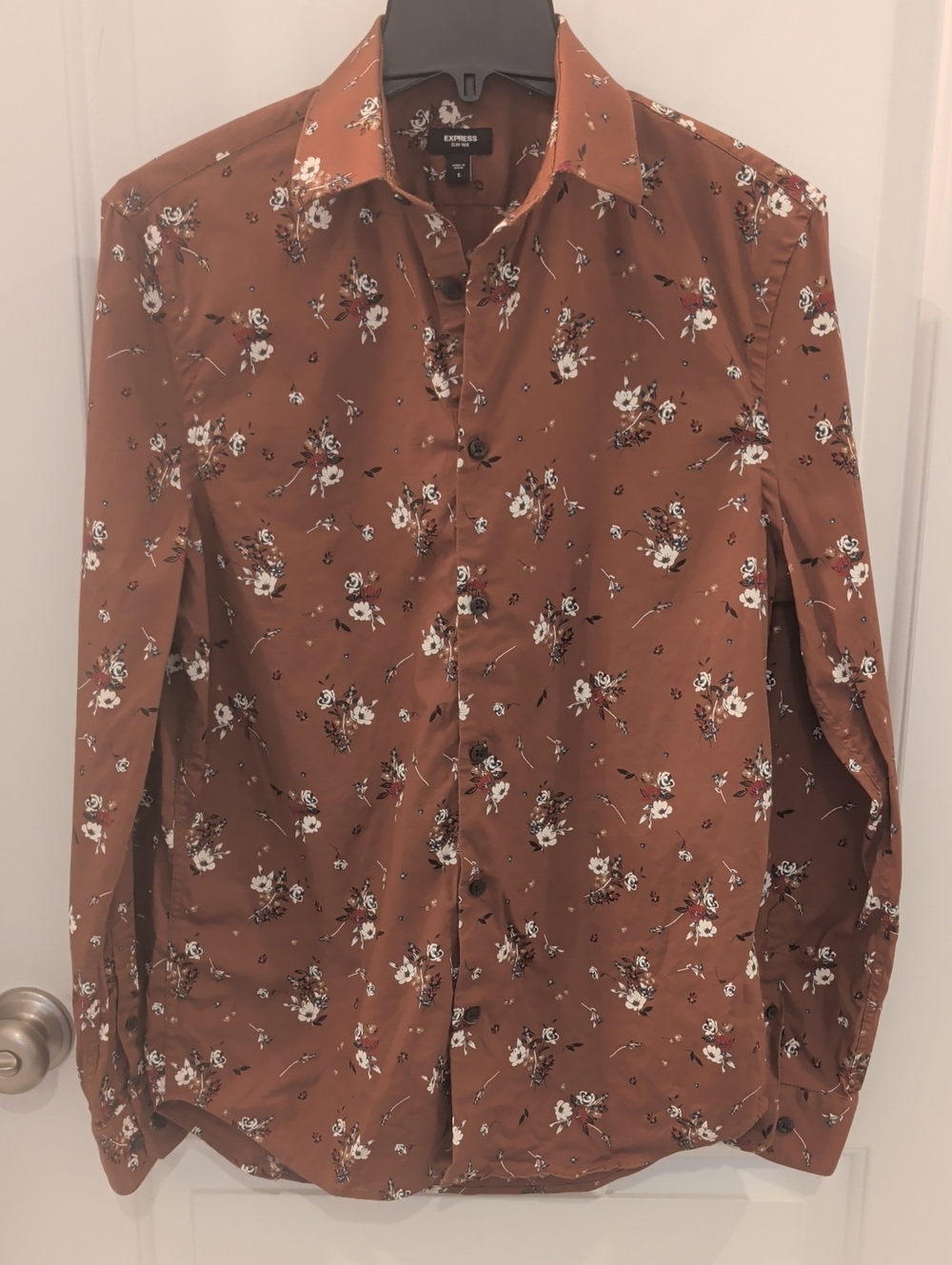 Express Rust Brown Floral IMX Slim Fit Stretch Button-Down Dress Shirt